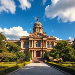 A large, grand old school building titled 'School of the Gods', featuring ornate classical architecture with towering columns, intricate stone carvings, and a large dome topped with a golden symbol