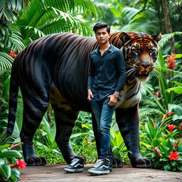 A massive black Jaguar tiger standing majestically with an attractive Asian man beside it