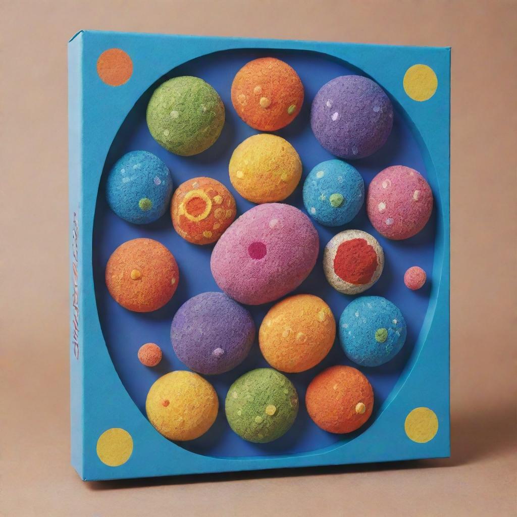 A beautiful, engaging game box design featuring various mitotic phases depicted by lively, animated cells in division. These playful cells, interacting or smiling, are surrounded by rainbow-colored cellular patterns. A striking title sits centrally on the box.