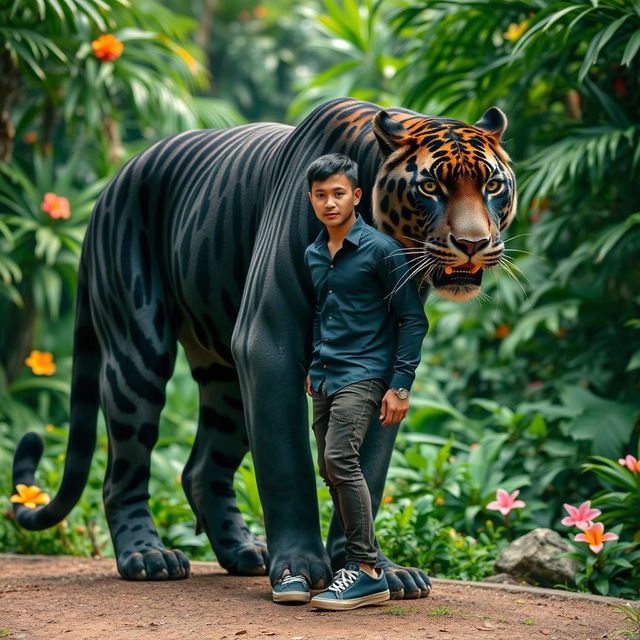 A massive black Jaguar tiger standing majestically with an attractive Asian man beside it