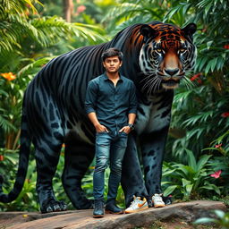 A massive black Jaguar tiger standing majestically with an attractive Asian man beside it