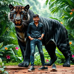 A massive black Jaguar tiger standing majestically with an attractive Asian man beside it