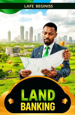 A vibrant landscape blending urban and rural Nigeria, showcasing the Abuja skyline in the background with its modern architecture, juxtaposed against expansive lush green fields symbolizing land banking opportunities