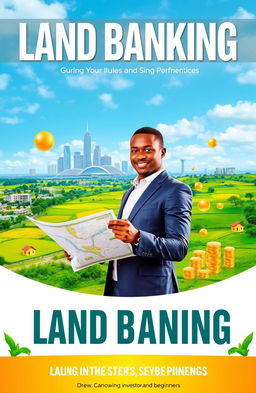 A vibrant landscape blending urban and rural Nigeria, showcasing the Abuja skyline in the background with its modern architecture, juxtaposed against expansive lush green fields symbolizing land banking opportunities