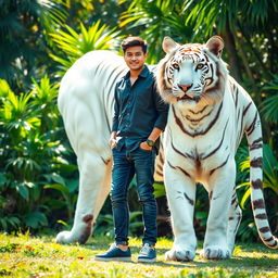 A stunning scene featuring a giant white tiger majestically standing beside an attractive Asian man