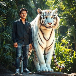 A stunning scene featuring a giant white tiger majestically standing beside an attractive Asian man