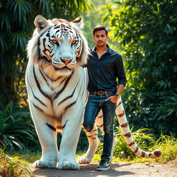 A stunning scene featuring a giant white tiger majestically standing beside an attractive Asian man