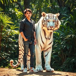 A stunning scene featuring a giant white tiger majestically standing beside an attractive Asian man