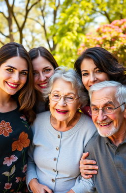 A family portrait featuring four members: a 24-year-old woman with brown hair and vibrant green eyes, a 26-year-old woman with dark brown hair and striking gray eyes, an old woman with soft gray hair and warm brown eyes, and an elderly man with gray hair and captivating green eyes