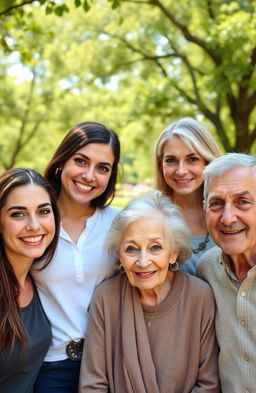 A family portrait featuring four members: a 24-year-old woman with brown hair and vibrant green eyes, a 26-year-old woman with dark brown hair and striking gray eyes, an old woman with soft gray hair and warm brown eyes, and an elderly man with gray hair and captivating green eyes