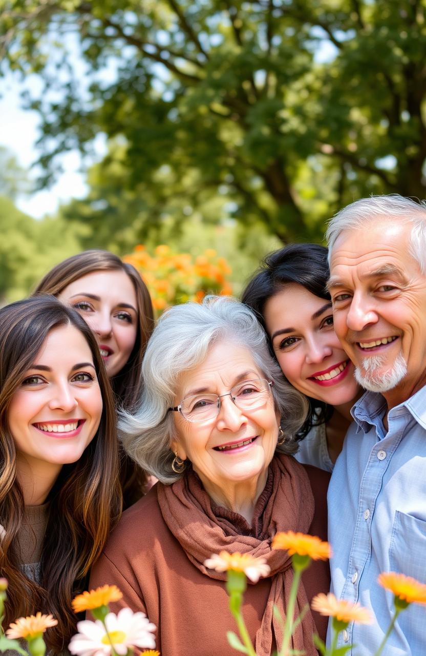 A family portrait featuring four members: a 24-year-old woman with brown hair and vibrant green eyes, a 26-year-old woman with dark brown hair and striking gray eyes, an old woman with soft gray hair and warm brown eyes, and an elderly man with gray hair and captivating green eyes