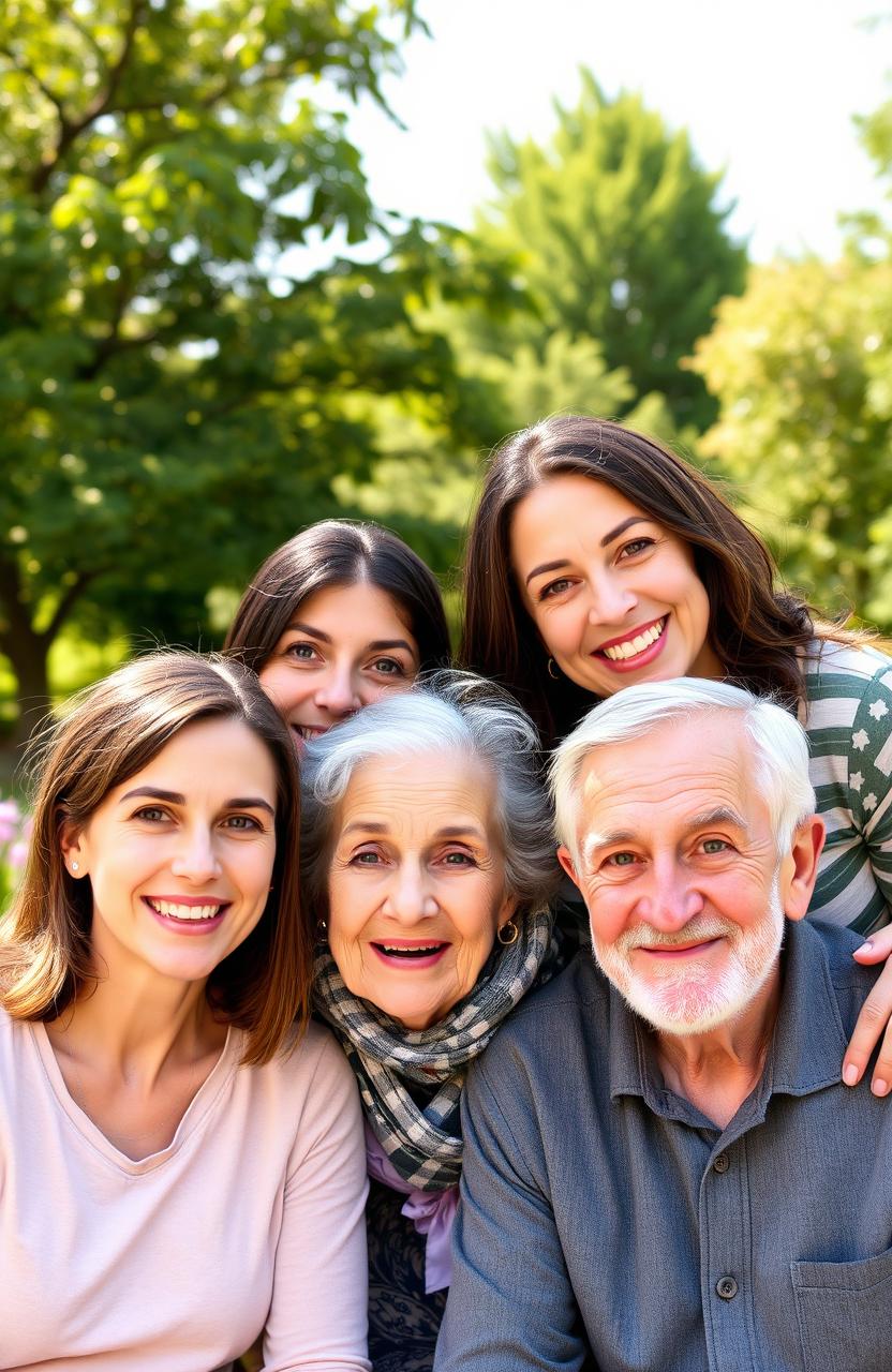 A family portrait featuring four members: a 24-year-old woman with brown hair and vibrant green eyes, a 26-year-old woman with dark brown hair and striking gray eyes, an old woman with soft gray hair and warm brown eyes, and an elderly man with gray hair and captivating green eyes