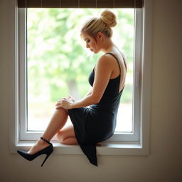 A curvy white woman with long blonde hair tied up in a bun, wearing a form-fitting black sleeveless dress and elegant high heels