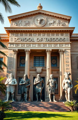 A grand and ancient building known as the School of the Gods, showcasing a magnificent architectural style that blends Greek and Pharaonic influences