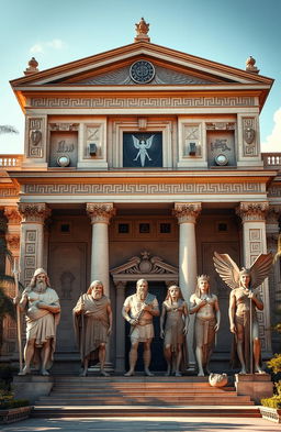 A grand and ancient building known as the School of the Gods, showcasing a magnificent architectural style that blends Greek and Pharaonic influences