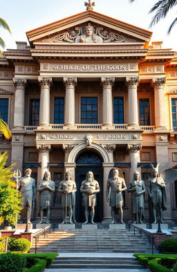 A grand and ancient building known as the School of the Gods, showcasing a magnificent architectural style that blends Greek and Pharaonic influences