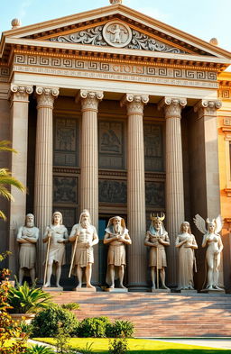 A grand and ancient building known as the School of the Gods, showcasing a magnificent architectural style that blends Greek and Pharaonic influences