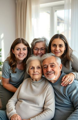 A heartwarming family portrait featuring four members: a 24-year-old girl with brown hair and vibrant green eyes, a 26-year-old woman with dark brown hair and striking gray eyes, an elderly woman with gray hair and warm brown eyes, and an old man with distinguished gray hair and bright green eyes