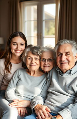 A heartwarming family portrait featuring four members: a 24-year-old girl with brown hair and vibrant green eyes, a 26-year-old woman with dark brown hair and striking gray eyes, an elderly woman with gray hair and warm brown eyes, and an old man with distinguished gray hair and bright green eyes