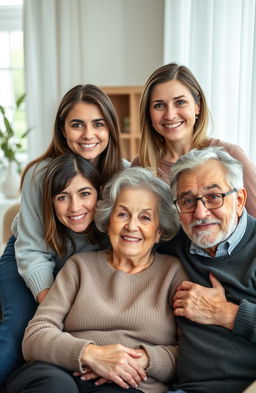 A heartwarming family portrait featuring four members: a 24-year-old girl with brown hair and vibrant green eyes, a 26-year-old woman with dark brown hair and striking gray eyes, an elderly woman with gray hair and warm brown eyes, and an old man with distinguished gray hair and bright green eyes