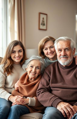 A heartwarming family portrait featuring four members: a 24-year-old girl with brown hair and vibrant green eyes, a 26-year-old woman with dark brown hair and striking gray eyes, an elderly woman with gray hair and warm brown eyes, and an old man with distinguished gray hair and bright green eyes