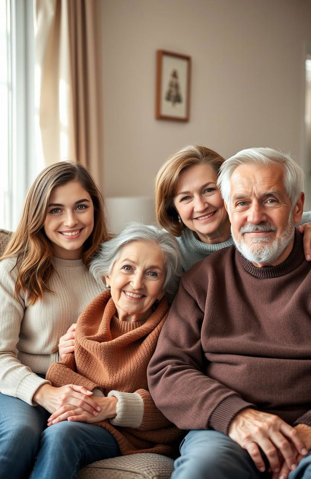 A heartwarming family portrait featuring four members: a 24-year-old girl with brown hair and vibrant green eyes, a 26-year-old woman with dark brown hair and striking gray eyes, an elderly woman with gray hair and warm brown eyes, and an old man with distinguished gray hair and bright green eyes