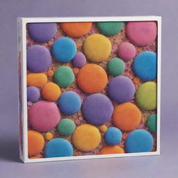 A beautiful, engaging game box design featuring various mitotic phases depicted by lively, animated cells in division. These playful cells, interacting or smiling, are surrounded by rainbow-colored cellular patterns. A striking title sits centrally on the box.