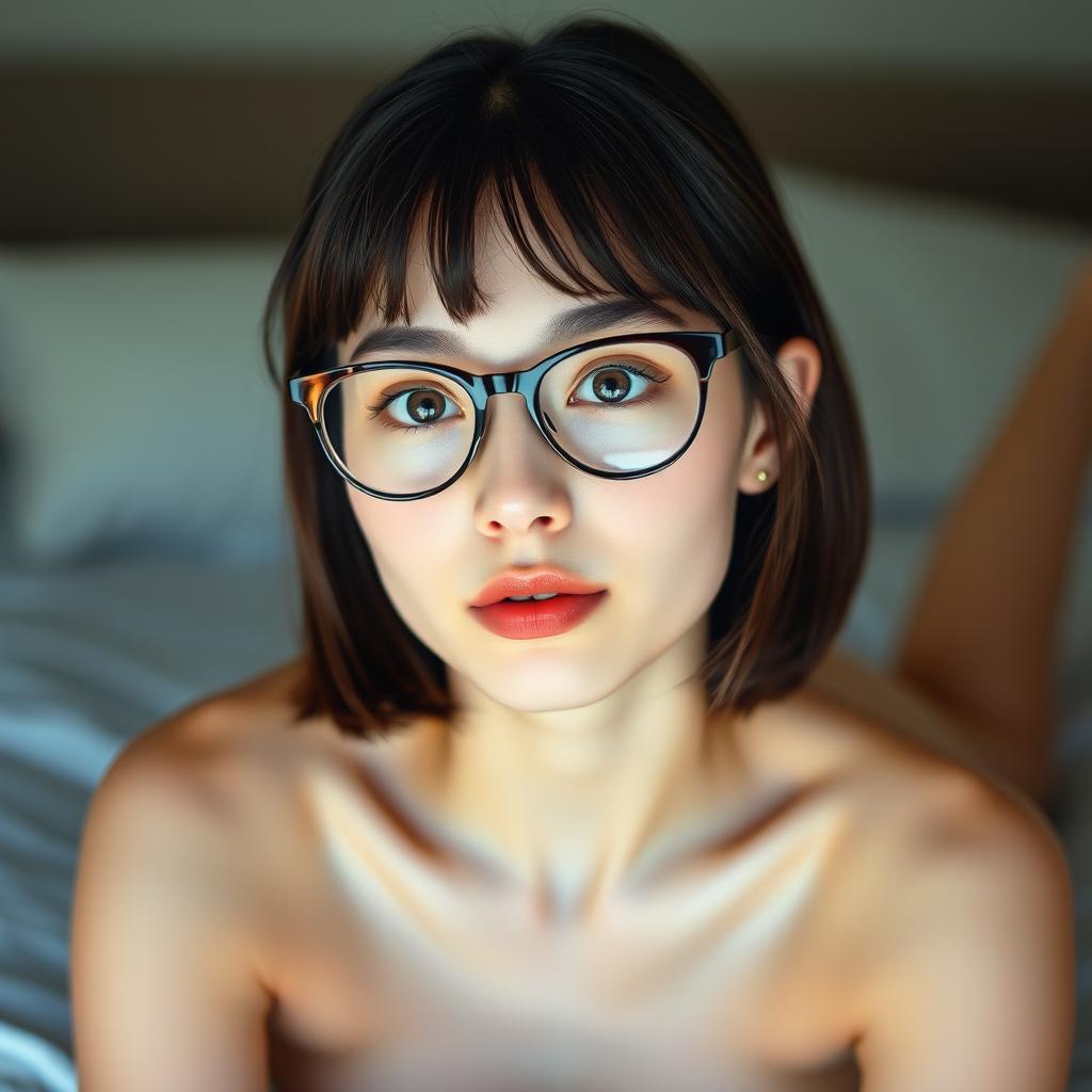 A thin young woman with a tiny round face, small eyes framed by stylish glasses, and shoulder-length hair