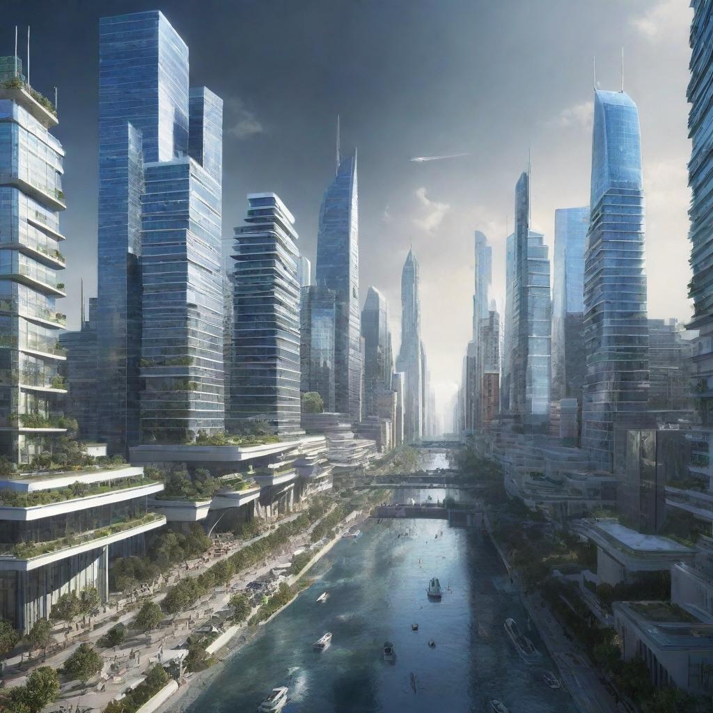 Futuristic depiction of USA cities in the year 3000, showcasing advanced technology, ultra-modern architecture, and clean, sustainable environments.