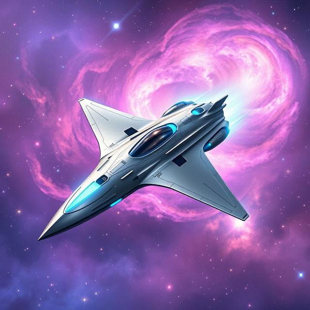 A sleek, futuristic spaceship soaring through a vibrant galaxy filled with stars and colorful nebulae