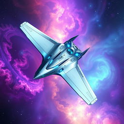 A sleek, futuristic spaceship soaring through a vibrant galaxy filled with stars and colorful nebulae