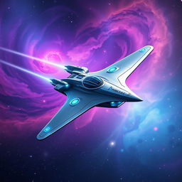 A sleek, futuristic spaceship soaring through a vibrant galaxy filled with stars and colorful nebulae