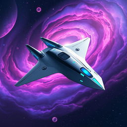 A sleek, futuristic spaceship soaring through a vibrant galaxy filled with stars and colorful nebulae