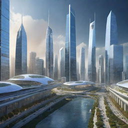 Futuristic depiction of USA cities in the year 3000, showcasing advanced technology, ultra-modern architecture, and clean, sustainable environments.