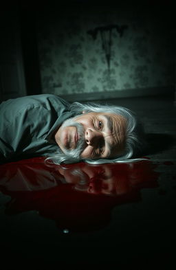 A dark and moody scene depicting a lifeless old man's body lying on the floor, surrounded by a pool of blood