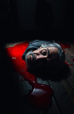 A dark and moody scene depicting a lifeless old man's body lying on the floor, surrounded by a pool of blood