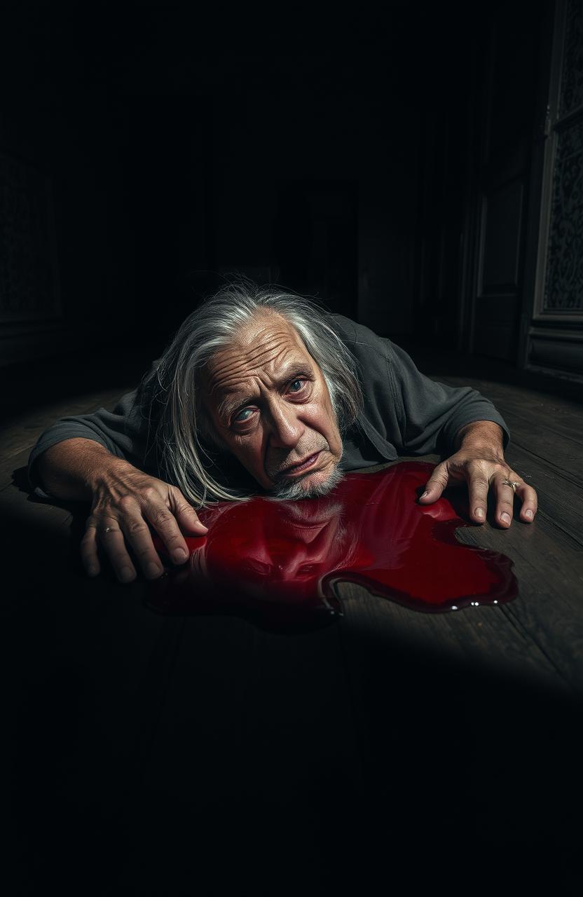 A dark and moody scene depicting a lifeless old man's body lying on the floor, surrounded by a pool of blood