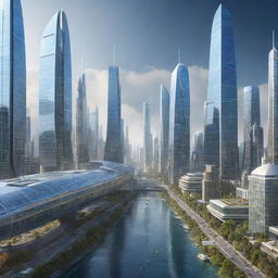 Futuristic depiction of USA cities in the year 3000, showcasing advanced technology, ultra-modern architecture, and clean, sustainable environments.