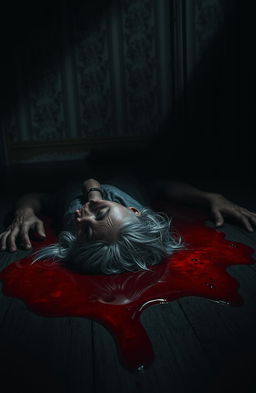 A dark and moody scene depicting a lifeless old man's body lying on the floor, surrounded by a pool of blood