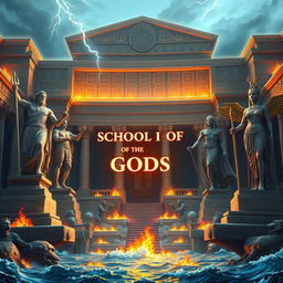 An expansive and ancient institution named the School of the Gods, featuring a stunning architectural fusion of Greek and Pharaonic elements, adorned with intricate Greek and Egyptian symbols