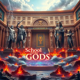 An expansive and ancient institution named the School of the Gods, featuring a stunning architectural fusion of Greek and Pharaonic elements, adorned with intricate Greek and Egyptian symbols