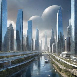 Futuristic depiction of USA cities in the year 3000, showcasing advanced technology, ultra-modern architecture, and clean, sustainable environments.