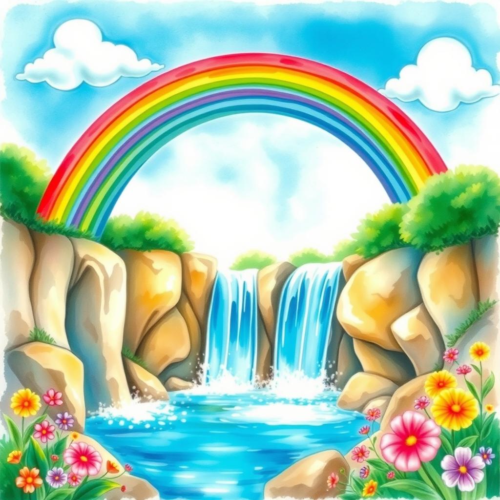 A vibrant and enchanting watercolor scene depicting a colorful rainbow arching gracefully over a sparkling waterfall, surrounded by lush greenery and colorful flowers