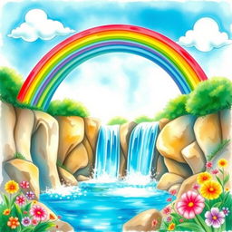 A vibrant and enchanting watercolor scene depicting a colorful rainbow arching gracefully over a sparkling waterfall, surrounded by lush greenery and colorful flowers