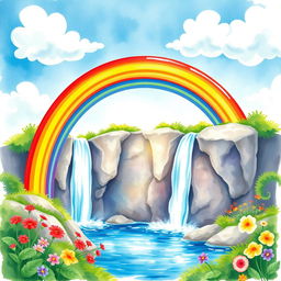 A vibrant and enchanting watercolor scene depicting a colorful rainbow arching gracefully over a sparkling waterfall, surrounded by lush greenery and colorful flowers