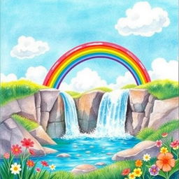 A vibrant and enchanting watercolor scene depicting a colorful rainbow arching gracefully over a sparkling waterfall, surrounded by lush greenery and colorful flowers