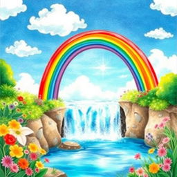 A vibrant and enchanting watercolor scene depicting a colorful rainbow arching gracefully over a sparkling waterfall, surrounded by lush greenery and colorful flowers