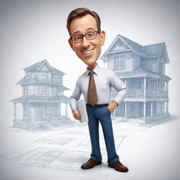 Create a caricature of an interior architect. The character should be holding house blueprints with humorous exaggerated features, dressing in professional attire.