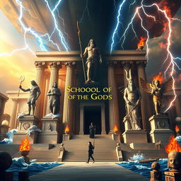 An expansive and ancient institution known as the School of the Gods, featuring a stunning architectural design that incorporates both Greek and Pharaonic symbols