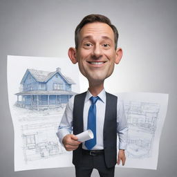 Create a caricature of an interior architect. The character should be holding house blueprints with humorous exaggerated features, dressing in professional attire.